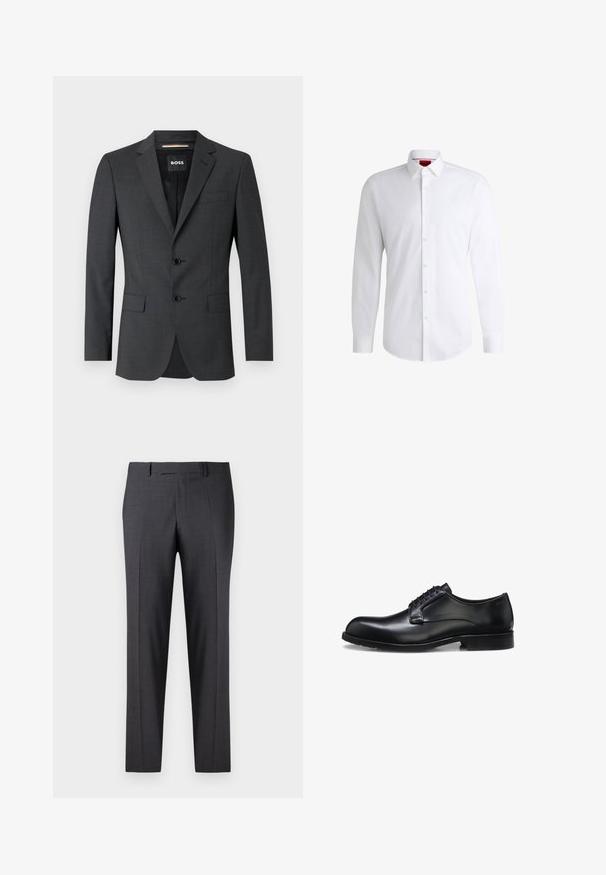 Dunkelgrauer Blazer mit zwei Knöpfen, Reverskragen und einer Brusttasche, aus texturiertem Stoff. Das gefütterte Innere trägt das Markenlabel.; Weißes Herrenhemd aus glattem Stoff mit klassischem Kragen, langen Ärmeln und abgerundetem Saum. Mit eleganten beigen Knöpfen an der Vorderseite.; Maßgefertigte dunkelgraue Hosen aus einem glatten, strukturierten Stoff; mit flacher Vorderseite und geraden Beinen; minimalistisches Design ohne sichtbare Akzente.; Schwarzer polierter Herrenschuh aus Leder mit geschlossenem Schnürsystem, niedrigem Absatz und dezentem Marken-Detail nahe der Ferse auf weißem Hintergrund.
