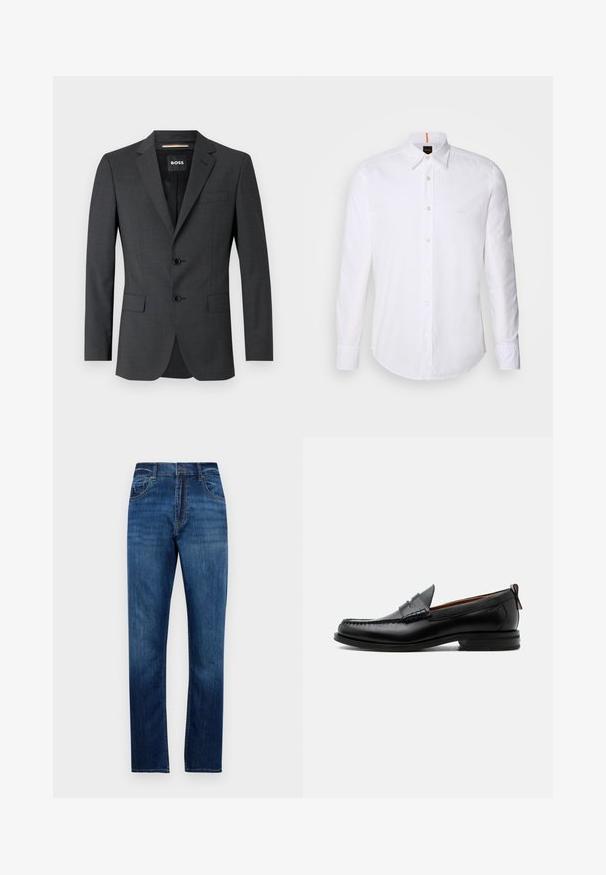Mørkegrå blazer med to knapper, noterede revers og en enkelt brystlomme, lavet af tekstureret stof. Fôr er mærket med brand logo.; Hvid langærmet skjorte med knaplukning lavet af bomuld, med en klassisk krave, subtilt logo nær brystet og hvide knapper.; Blå lige ben denim jeans med fem lommer, bæltestropper og knaplukning, præsenteret på en enkel hvid baggrund.; Sort læder herre loafer med moc-tå syning, penny strop, struktureret krave og lav stablet hæl på hvid baggrund.
