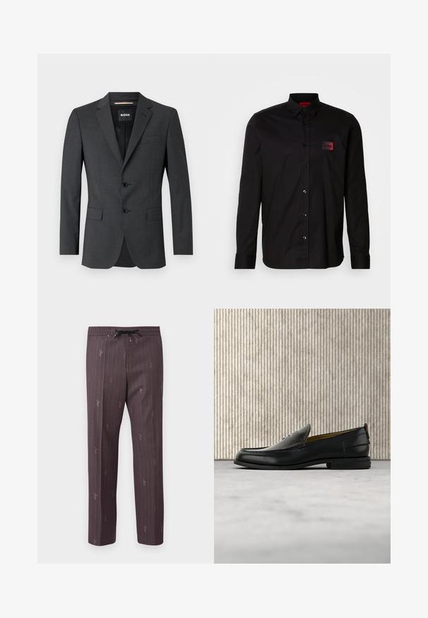Dunkelgrauer Blazer mit zwei Knöpfen, Reverskragen und einer Brusttasche, aus texturiertem Stoff. Das gefütterte Innere trägt das Markenlabel.; Schwarzes Langarmshirt aus glattem Stoff, mit Knopfverschluss, klassischem Kragen und einem kleinen roten Markenpatch auf der Brust.; Hose mit elastischem Bund in Dunkelpurpur mit vertikalen Streifen und dezenten Druckdetails. Leichtes Material mit entspannter Passform.; Schwarzer Herren-Slipper aus Leder mit einer krokogeprägten Vorderkappe und einem niedrigen Absatz, im Profil vor neutralem Hintergrund gezeigt.