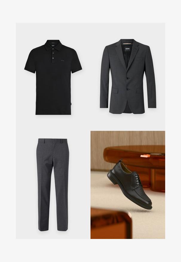 Blazer gris oscuro con dos botones, solapas de muesca y un bolsillo en el pecho, hecho de tela texturizada. El interior forrado cuenta con la etiqueta de la marca.; Polo negro de corte ajustado con tres botones, mangas cortas y un sutil logotipo "BOSS" en el pecho y en el interior del cuello.; Pantalones gris ajustados con un acabado texturizado, con frente plano y diseño de pierna recta. Presenta bolsillos laterales y presillas para cinturón.; Zapato de vestir negro de piel con cordones y parte delantera texturizada, flotando sobre una alfombra beige en una habitación moderna con muebles de tono ámbar.