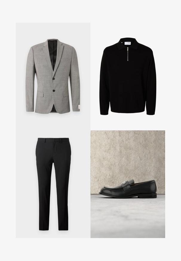 Blazer gris para hombre con patrón sutil de cuadros, dos bolsillos frontales con solapa, dos botones negros, solapa con muesca y forro interior negro.; Jersey negro de manga larga de punto con cuello y cremallera corta frontal, diseñado para hombres.; Pantalones negros a medida en una tela suave. Presentan un diseño de pierna recta, pliegues frontales y trabillas para cinturón para un tamaño ajustable.; Mocasín de cuero negro con una placa metálica de marca apoyado cerca de una mesa redonda marrón sobre un suelo alfombrado beige.