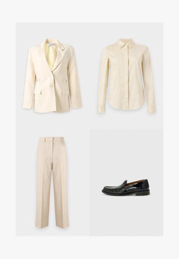 Crèmekleurige damesblazer met twee knopen, inkeping revers, klepzakken en een patroon binnenvoering, afgebeeld tegen een witte achtergrond.; Roomkleurig overhemd met lange mouwen, knoopsluiting, een spitse kraag en een verborgen knoopsluiting, getoond op een effen achtergrond.; Beige, op maat gemaakte broek met hoge taille, riemlussen en rechte pijpen, afgebeeld tegen een effen witte achtergrond.; Zwarte gepatineerde leren loafers met een franjes ontwerp aan de voorkant en een ronde neus. De zool is plat en voorzien van textuur voor grip.