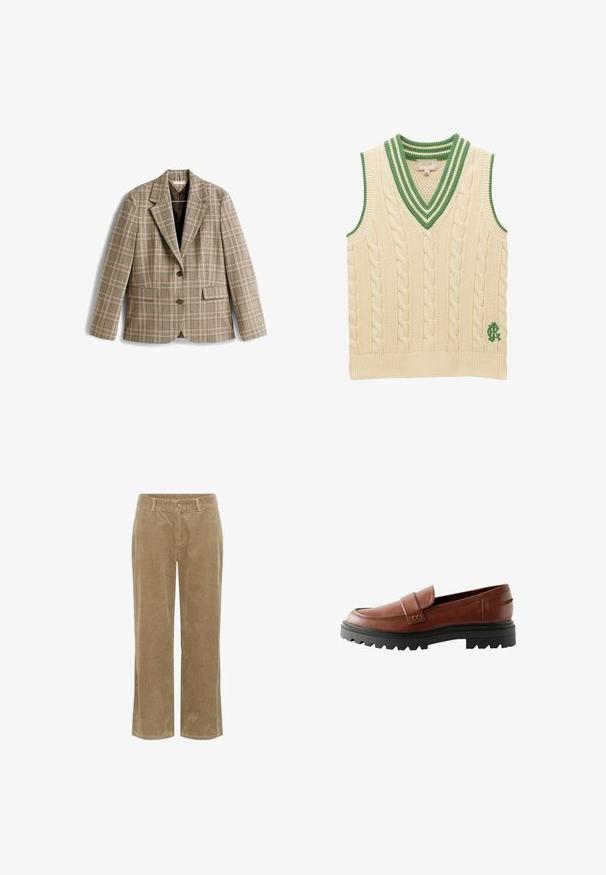 Geruit beige colbert met een bruin, roze en groen ruitpatroon. Heeft een reverskraag, knoopsluiting en voorzakken.; Crèmekleurig kabelgebreid mouwloos vest met groen gestreepte V-hals en groen geborduurd logo vlak bij de zoom.; Beige corduroy broek met riemlussen, knoopsluiting aan de voorkant, ritssluiting en rechte pijpen.; Bruine leren loafers met een verhoogde neus, decoratieve band en een geprofileerde zwarte rubberen zool met opvallend profiel.