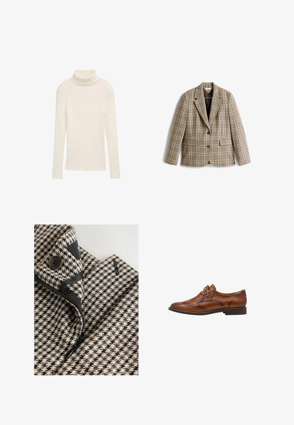 Geruit beige colbert met een bruin, roze en groen ruitpatroon. Heeft een reverskraag, knoopsluiting en voorzakken.; Creme trui met een col, gemaakt van ribbelstof. Lange mouwen en een getailleerde silhouette. Geen zichtbare patronen of hardwareaccenten.; Close-up van een beige, zwart en wit kledingstuk met pied-de-poule patroon, een zwarte knoop en gedeeltelijk open zwarte rits.; Bruine leren brogue oxford schoen met wingtip-details, perforaties, veters en lage gestapelde hak op een witte achtergrond.