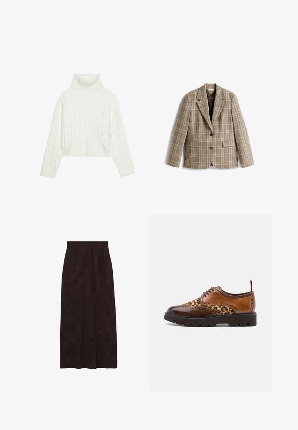Blazer à carreaux beige avec un motif quadrillé marron, rose et vert. Il présente un col cranté, une fermeture à boutons et des poches avant.; Pull à col roulé en maille blanche, avec une coupe courte, doté de poignets et d'un ourlet côtelés. Texture douce avec un design épais et confortable.; Jupe marron côtelée de coupe mi-longue avec une taille élastique. Le tissu présente une surface texturée avec des rayures verticales.; Chaussure en cuir brun à lacets avec des accents de motif léopard, surfaces lisses et texturées, bout rond et semelle épaisse et robuste.