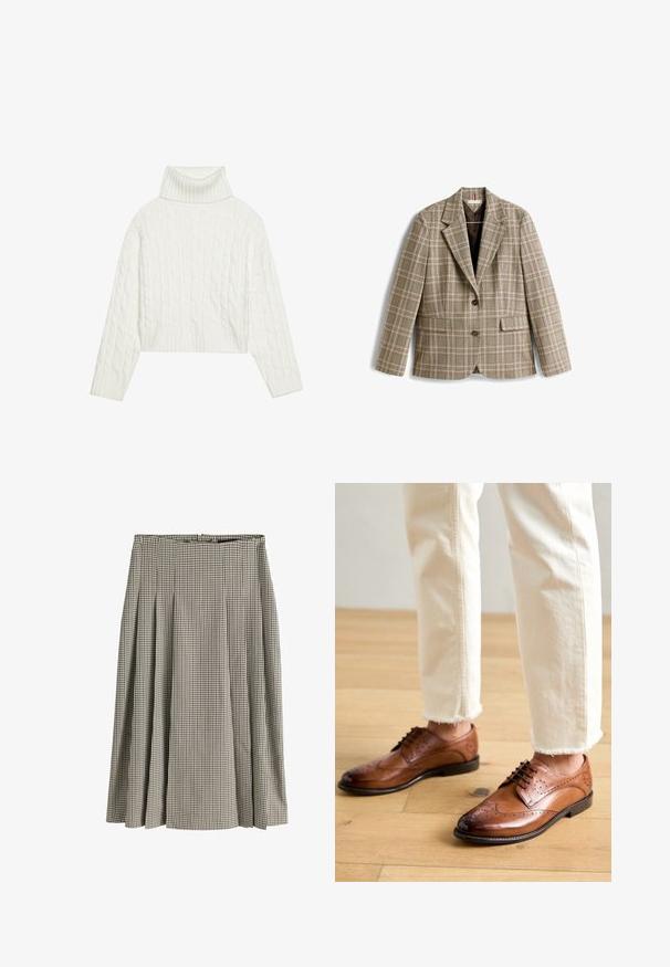 Rutete blazer i beige med brunt, rosa og grønt rutenettmønster. Har en krage med hakk, knappelukning og frontlommer.; Hvid kabel-strikket turtleneck sweater med en cropped silhuet, der har ribbede manchetter og kant. Blød tekstur med et hyggeligt, chunky design.; Midlang plisseret nederdel med sort og hvid hundetandsmønster, høj talje og struktureret stof.; Brune læder brogue sko med perforerede detaljer, rund tå og en glat overflade, parret med cremede bukser med frynset kant.