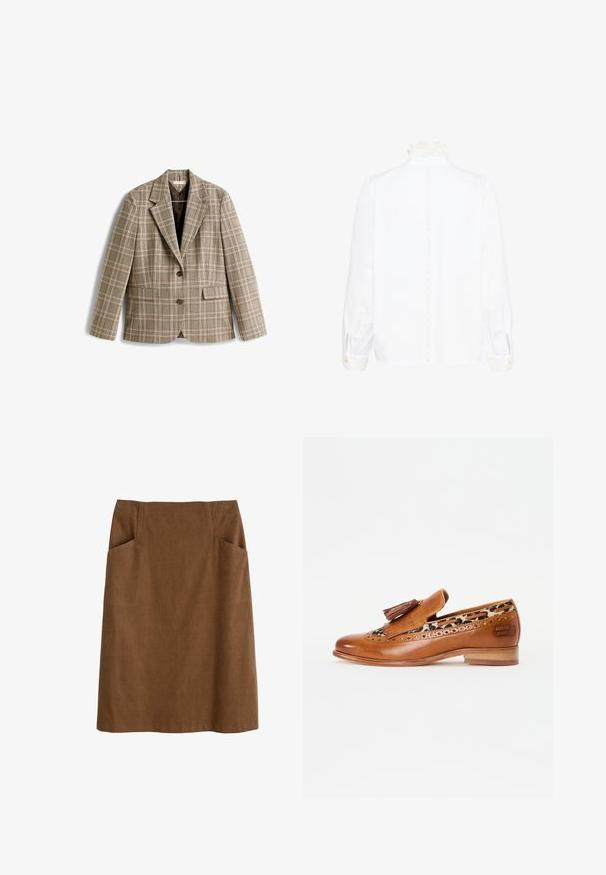 Geruit beige colbert met een bruin, roze en groen ruitpatroon. Heeft een reverskraag, knoopsluiting en voorzakken.; Witte blouse met lange mouwen, voorzien van een kanten hoge kraag en manchetten, met een verticale kanten bies langs de achterkant in het midden.; Bruine katoen rok met een aansluitende taille, twee zijzakken en een rechte snit. De stof heeft een zachte textuur en een subtiele glans.; Tan leren instappers met decoratieve kwastjes en brogue-details. Heeft een voering van luipaardprint en een lage houten hak.
