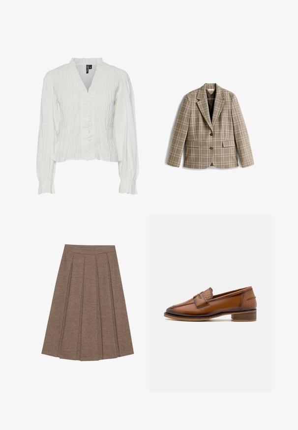 Rutete blazer i beige med brunt, rosa og grønt rutenettmønster. Har en krage med hakk, knappelukning og frontlommer.; Hvid bluse lavet af krøllet stof, med V-hals, flæset front og lange ærmer med elastiske manchetter. Tekstureret og let design.; Plisseret nederdel i brunt stof med fiskebensmønster, med en tætsiddende talje og en udvidet silhuet, der giver en struktureret tekstur og design.; Brune læder loafers med en struktureret vævet frontpanel, rund tå og lav stablet hæl. Glat finish med diskret stikningsdetalje.