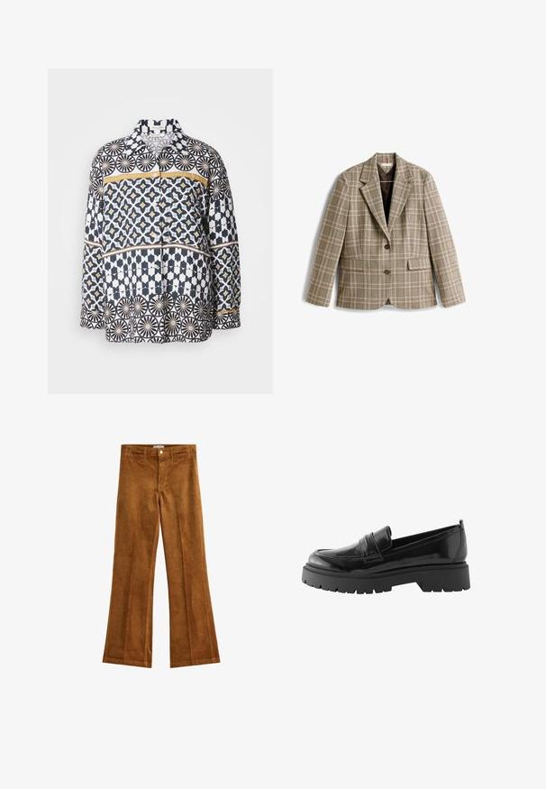 Rutete blazer i beige med brunt, rosa og grønt rutenettmønster. Har en krage med hakk, knappelukning og frontlommer.; Langærmet skjorte i bomuld med et geometrisk mønster i navy, hvid og gul. Har krave og knaplukning foran.; Brune fløjl flared bukser med en tekstureret finish, fem lommer og knaplukning. Flad talje med bæltestropper og et bred ben design.; Sorte lakerede loafers har en lav platformssål med en robust træd og en quiltet detalje over midtfoden.
