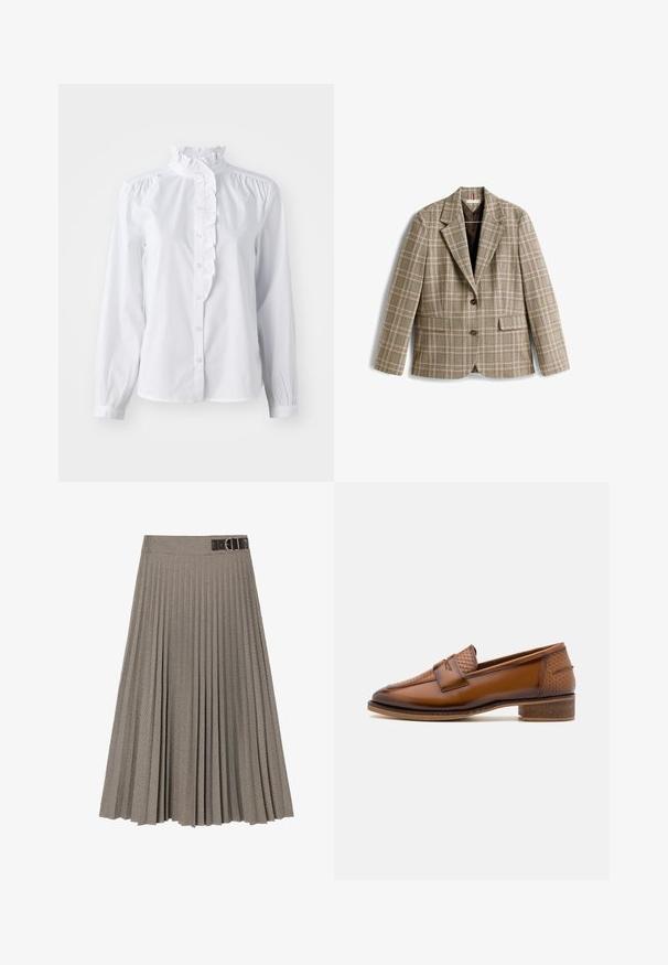 Rutete blazer i beige med brunt, rosa og grønt rutenettmønster. Har en krage med hakk, knappelukning og frontlommer.; Hvid skjorte med lange ærmer, flæset høj krave og lodret flæseaccent foran. Letvægts bomuldsstof.; Plisseret nederdel i ternet mønster, med et mørkt bælte med spænde. Fremstillet af tekstureret stof i nuancer af brun og creme.; Brune læder loafers med en struktureret vævet frontpanel, rund tå og lav stablet hæl. Glat finish med diskret stikningsdetalje.