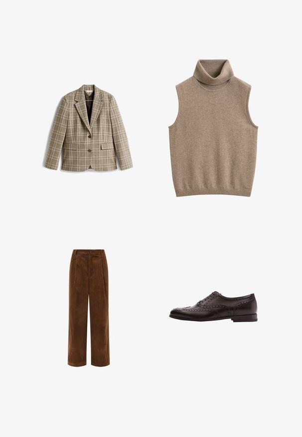Geruit beige colbert met een bruin, roze en groen ruitpatroon. Heeft een reverskraag, knoopsluiting en voorzakken.; Mouwloos beige gebreid coltrui-vestje met ribbelige hals en zoom, gemaakt van zachte stof.; Bruine corduroy wijdgerande broek met een gestructureerd oppervlak, geplisseerde voorkant en een ritssluiting. Voorzien van een klein merklabel op de tailleband.; Bruine leren schoenen met brogue-details, vetersluiting, ronde neus en een lage gestapelde hak. Gepolijste afwerking en ingewikkelde perforaties.