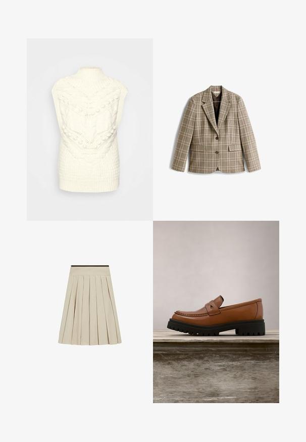 Karierter Blazer in Beige mit braunem, rosa und grünem Karomuster. Verfügt über einen Reverskragen, Knopfverschluss und vordere Taschen.; Cremfarbener Strickwesten mit hohem geripptem Kragen und strukturierten Mustern, einschließlich Zöpfen und Noppen, die ein gemütliches Aussehen verleihen.; Beiger plissierter Rock mit breitem Bund und dunklem Besatz oben, knielang mit gleichmäßig verteilten vertikalen Falten.; Brauner Leder-Slipper mit dicker schwarzer Sohle, schwebend über einer Holzoberfläche, mit hohem grünem Gras im Hintergrund.