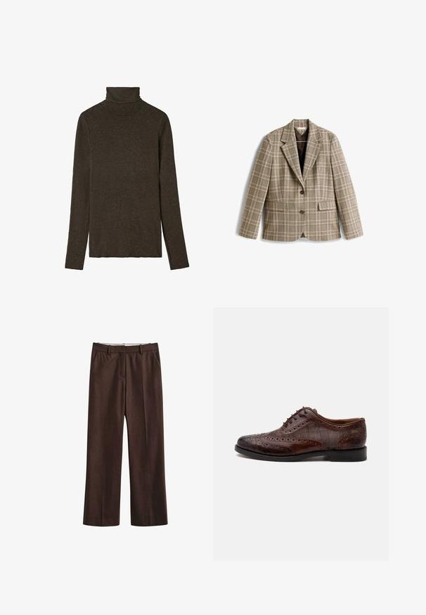 Rutete blazer i beige med brunt, rosa og grønt rutenettmønster. Har en krage med hakk, knappelukning og frontlommer.; Mørkebrunt turtleneck top lavet af blød, struktureret stof. Har lange ærmer og en tætsiddende pasform, med en glat halsudskæring.; Brune bukser med lige ben, bæltestropper, sidelommer og skjult forlukning foran, vist mod en hvid baggrund.; Brun læder herre wingtip selskabssko med brogue-detaljer og ternede stofsider, vist fra siden på en hvid baggrund.