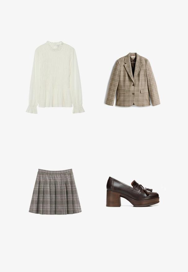 Blazer a cuadros en beige con patrón de cuadrícula en marrón, rosa y verde. Cuenta con cuello con muesca, cierre de botones y bolsillos frontales.; Blusa blanca de manga larga con cuello volantes, cuerpo fruncido y puños acampanados, fabricada en tela texturizada con un dobladillo en peplum.; Falda de cuadros en negro, blanco y gris con pliegues y una cintura ajustada. Textura lisa con un patrón clásico de tartán en toda la prenda.; Zapatos de plataforma de cuero marrón con un tacón de madera grueso, que presentan una punta redondeada y adornos de borlas decorativas en el empeine.