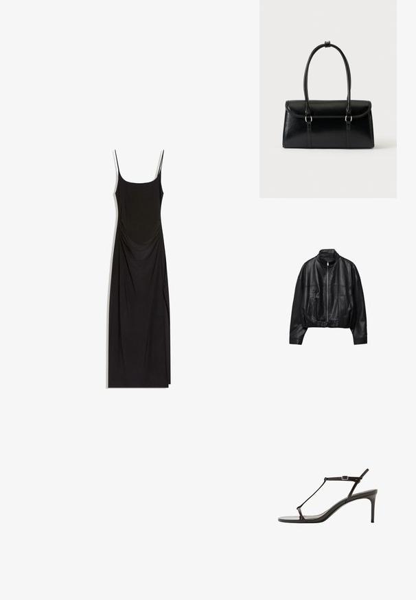 Veste en cuir noire avec fermeture éclair à l'avant, col montant, deux poches latérales, manches longues et sangle à boucle réglable à l'ourlet.; Robe maxi noire sans manches avec fines bretelles, côtés froncés et encolure carrée sur fond blanc.; Sandale à talon pour femme en cuir noir brillant, avec une fine lanière en T et une boucle de cheville ajustable, talon moyen mince.; Sac à main rectangulaire en cuir noir avec fermeture à rabat et deux longues anses sur fond blanc uni.