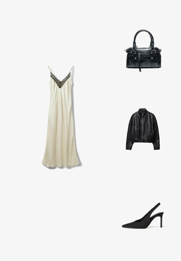 Veste en cuir noire avec fermeture éclair à l'avant, col montant, deux poches latérales, manches longues et sangle à boucle réglable à l'ourlet.; Robe longue en satin ivoire avec fines bretelles et détail en dentelle noire le long de l'encolure en V.; Escarpin slingback noir à bout pointu avec un talon stiletto de hauteur moyenne et une finition mate et lisse.; Sac à main en cuir noir avec deux poignées, poche avant zippée, clous argentés et surface texturée isolée sur fond blanc.