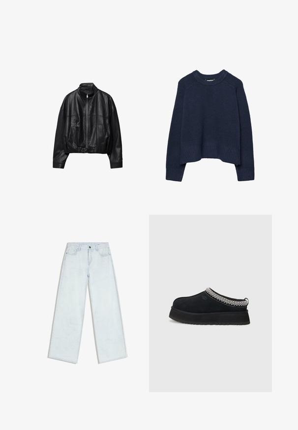Veste en cuir noire avec fermeture éclair à l'avant, col montant, deux poches latérales, manches longues et sangle à boucle réglable à l'ourlet.; Pull en tricot bleu marine avec un col rond, un ourlet côtelé et des manches raglan. Confectionné dans une texture douce pour le confort et la chaleur.; Jean bleu clair à jambes larges avec fermeture à boutons et fermeture éclair sur le devant, passants pour ceinture et style cinq poches, posé à plat sur un fond blanc.; Chaussure noire en daim à enfiler avec une semelle plus épaisse, présentant des accents tissés texturés blancs et noirs au col.
