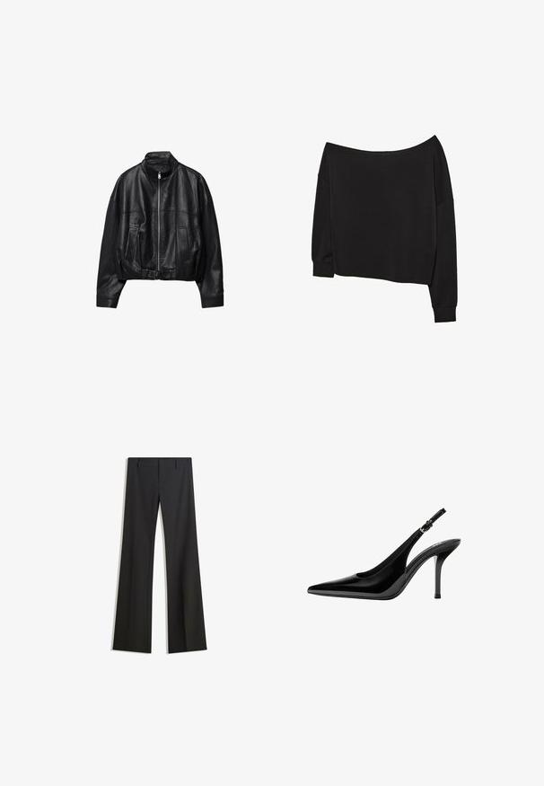 Veste en cuir noire avec fermeture éclair à l'avant, col montant, deux poches latérales, manches longues et sangle à boucle réglable à l'ourlet.; Haut noir à épaule dénudée et manches longues avec une coupe décontractée ; tissu doux en mélange de coton ; encolure large ; manches amples ; bord-côtes aux poignets et à l'ourlet.; Pantalon noir évasé avec une texture lisse, doté d'une coupe ajustée et d'une taille cintrée. Aucun motif ou ornement visible.; Chaussure à talon haut à bride arrière en cuir verni noir avec bout pointu et bride ajustable à boucle sur fond blanc.