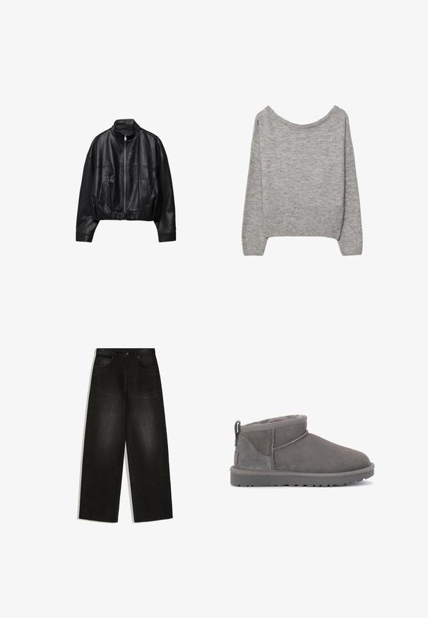 Sort læderjakke med frontlynlås, stående krave, to sidelommer, lange ærmer og justerbar spænde strop ved kanten.; Grå, cropped sweater i en blød strik. Har en bred halsudskæring, ribbede manchetter og kant. Enkel design uden mønstre eller pynt.; Sorte jeans med vide ben, frontknap og lynlås, bæltestropper og to forlommer på hvid baggrund.; Grå ruskinds ankelstøvler med en blød indersål, minimal syning og en formstøbt gummisål. Har en løkke bagpå.
