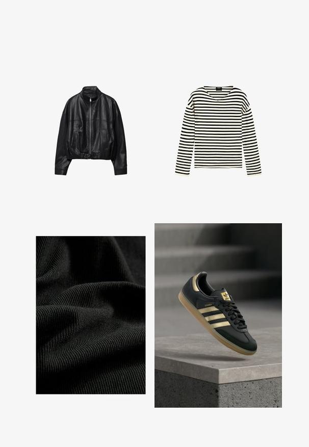 Veste en cuir noire avec fermeture éclair à l'avant, col montant, deux poches latérales, manches longues et sangle à boucle réglable à l'ourlet.; Chemise à manches longues avec des rayures horizontales noires et blanches et un col en V, affichée sur un fond blanc uni.; Tissu noir côtelé avec une surface texturée, mettant en valeur des plis et des courbes subtiles. Le matériau semble léger et flexible.; Baskets Adidas Samba noires avec des bandes dorées et une semelle en gomme, flottant au-dessus d'une surface en béton avec des escaliers flous en arrière-plan.