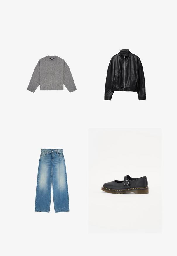 Veste en cuir noire avec fermeture éclair à l'avant, col montant, deux poches latérales, manches longues et sangle à boucle réglable à l'ourlet.; Sweater en laine gris avec un col rond, des manches longues, des poignets et un ourlet côtelés, arborant un petit logo blanc sur le côté inférieur droit.; Jean en denim bleu à jambes larges avec devant délavé, poches avant et un détail unique de ceinture diagonale boutonnée.; Chaussures Mary Jane en cuir noir avec un bout rond, boucle ajustable, coutures jaunes et une semelle en caoutchouc brun épaisse.