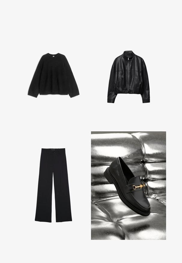 Veste en cuir noire avec fermeture éclair à l'avant, col montant, deux poches latérales, manches longues et sangle à boucle réglable à l'ourlet.; Pull en maille noir, col rond, manches longues, coupe décontractée, texture douce, sans motifs ni accents visibles. Convient pour une tenue décontractée.; Pantalon noir à jambes larges avec passants de ceinture, bouton frontal et fermeture éclair, étalé à plat sur un fond blanc.; Mocassin en cuir noir avec un détail en métal doré. La chaussure présente un design épuré et une texture lisse et brillante.