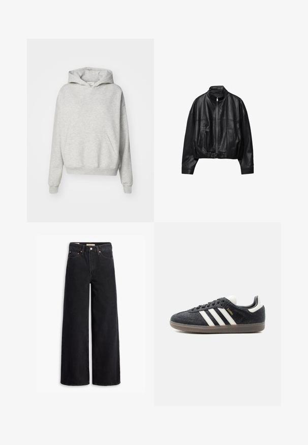 Veste en cuir noire avec fermeture éclair à l'avant, col montant, deux poches latérales, manches longues et sangle à boucle réglable à l'ourlet.; Sweat à capuche gris avec une poche avant, capuche à cordon et poignets côtelés. Fabriqué en tissu doux et texturé, il présente un design à coupe décontractée.; Jean noir à jambe large en denim, comportant cinq poches, des rivets en laiton et une fermeture à bouton classique. Texture lisse avec un design épuré.; Baskets Adidas Samba noires avec des bandes blanches, semelle en gomme et texte doré "Samba" sur le côté, vues de profil gauche sur fond uni.