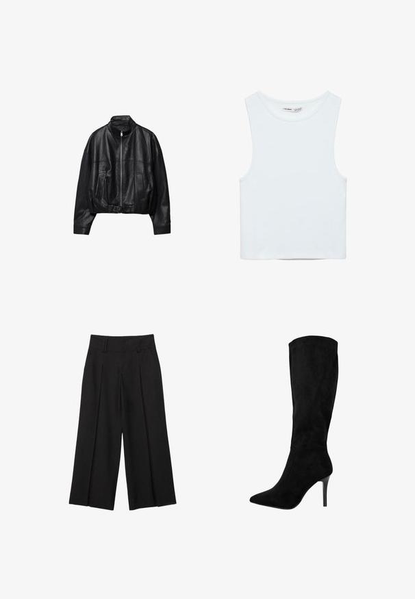 Sort læderjakke med frontlynlås, stående krave, to sidelommer, lange ærmer og justerbar spænde strop ved kanten.; Hvid ærmeløs crop top med rund halsudskæring, lavet af glat stof, mærket Pull&Bear, egnet til afslappet brug.; Sorte vide bens cropped bukser med bæltestropper og forreste plisseringer, lavet af et glat stof for et skræddersyet udseende.; Sort ruskind knæhøj støvle med spids tå og stilettohæl. Glat tekstur, strømlinet design, ingen synlige metaldele eller accenter.
