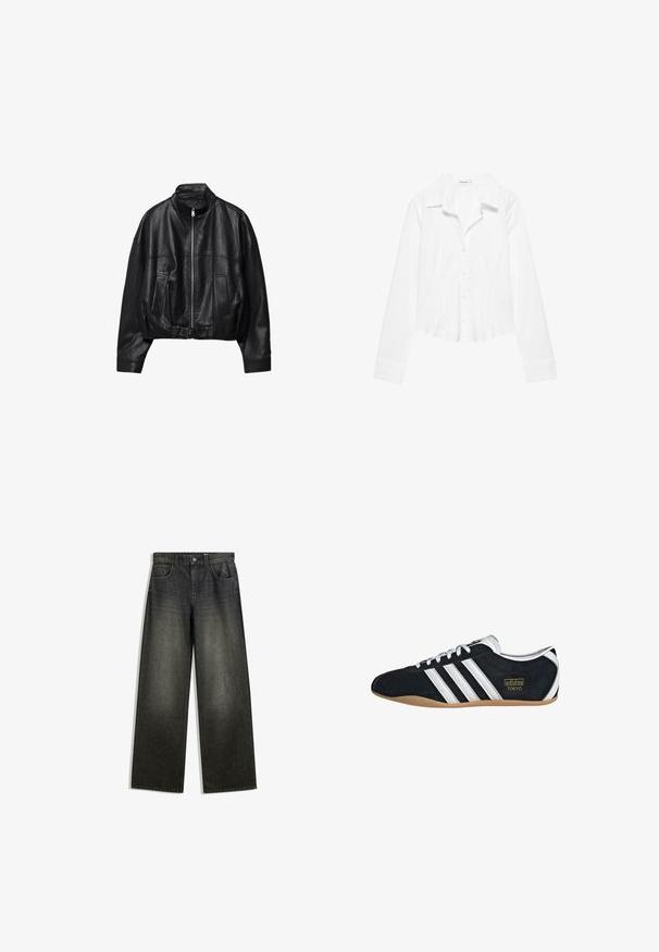 Veste en cuir noire avec fermeture éclair à l'avant, col montant, deux poches latérales, manches longues et sangle à boucle réglable à l'ourlet.; Chemise blanche à manches longues avec col, taille légèrement cintrée et poignets boutonnés, présentée sur fond blanc.; Jeans évasés en denim gris foncé avec une finition délavée, un design à cinq poches et une fermeture à bouton à la taille.; Sneakers en suede noir avec trois bandes blanches, logo doré et semelle en caoutchouc marron. Présente un design à lacets à profil bas.