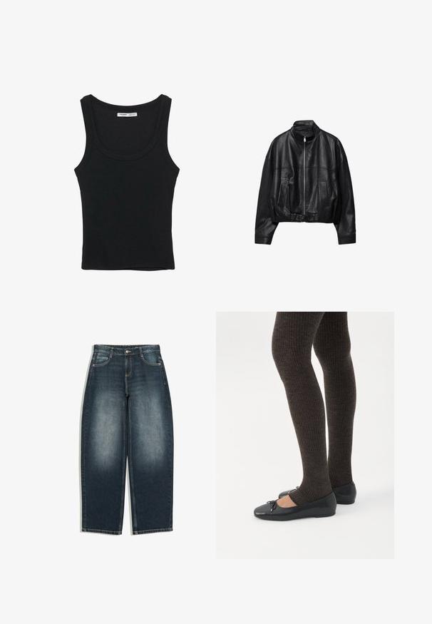 Schwarze Lederjacke mit Frontreißverschluss, Stehkragen, zwei Seitentaschen, langen Ärmeln und verstellbarem Schnallenriemen am Saum.; Schwarzes, geripptes ärmelloses Tanktop mit rundem Ausschnitt und geradem Saum, Etikett im Nackeninnenteil.; Dunkelblaue Jeans mit weitem Bein und leichtem Ausbleichen an den vorderen Oberschenkeln, fünf Taschen, Knopfverschluss und Gürtelschlaufen, flach auf weißem Hintergrund gezeigt.; Beine in dunklen, gerippten Leggings kombiniert mit schwarzen Ballerinas mit kleinen Schleifendetails auf weißem Hintergrund.