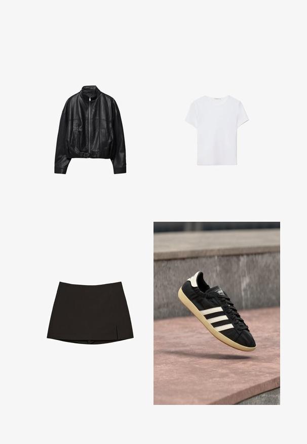 Veste en cuir noire avec fermeture éclair à l'avant, col montant, deux poches latérales, manches longues et sangle à boucle réglable à l'ourlet.; T-shirt blanc à manches courtes en tissu doux. Dispose d'un col rond et d'un design simple et épuré avec un ourlet droit.; Mini-jupe noire en tissu lisse, avec une coupe droite, des fentes latérales et un ourlet net. Simple et polyvalente.; Baskets Adidas noires avec des bandes blanches et une semelle beige, capturées en plein air au-dessus d'une surface en pierre et d'un mur en pierre en arrière-plan.