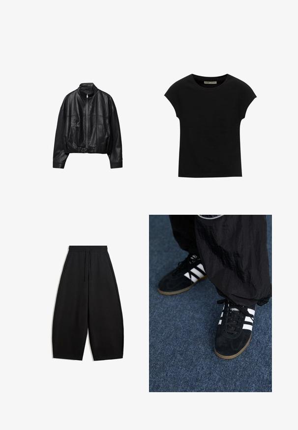 Sort læderjakke med frontlynlås, stående krave, to sidelommer, lange ærmer og justerbar spænde strop ved kanten.; Sort T-shirt med korte ærmer og rund halsudskæring. Fremstillet af glat, elastisk bomuldsstof. Simpelt design uden mønstre eller grafik.; Løse sorte brede bukser med elastisk talje og snor, med sidelommer, præsenteret på en hvid baggrund.; Sorte suedetrainingssko med tre hvide striber og sorte snørebånd. Et tekstureret sort bukser er delvist synligt ved siden af skoene.