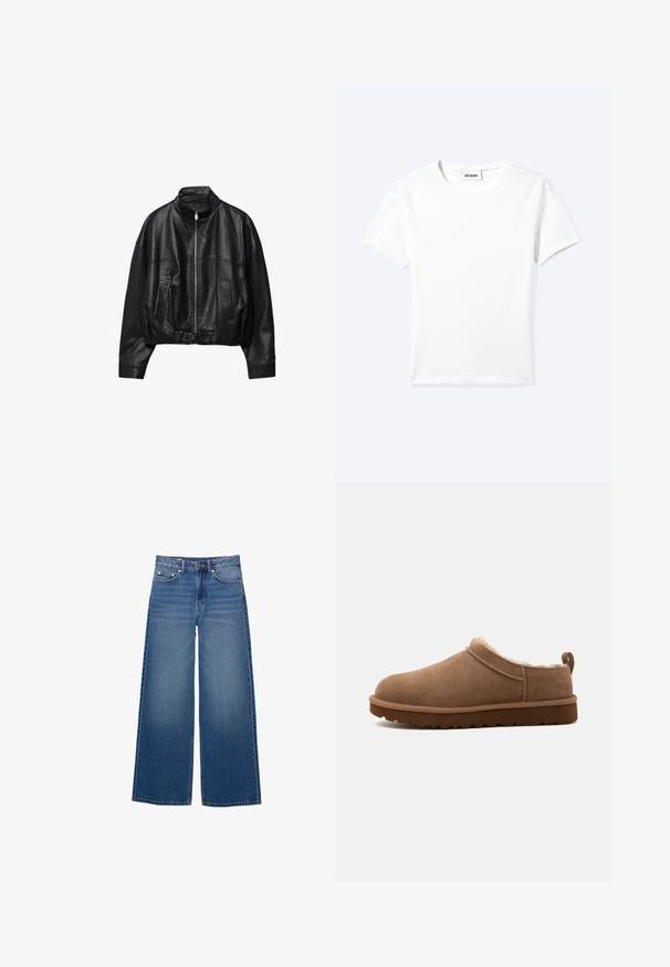 Veste en cuir noire avec fermeture éclair à l'avant, col montant, deux poches latérales, manches longues et sangle à boucle réglable à l'ourlet.; T-shirt blanc uni à manches courtes et col rond avec une petite étiquette "WEEKDAY" à l'intérieur de l'encolure, présenté à plat sur un fond clair.; Jean en denim à jambes larges, de couleur bleu moyen, avec une taille haute, un design à cinq poches et des détails cousus le long des coutures.; Chausson marron en daim à enfiler, avec une doublure intérieure en peluche et une semelle épaisse à crampons, présenté de côté sur un fond uni.