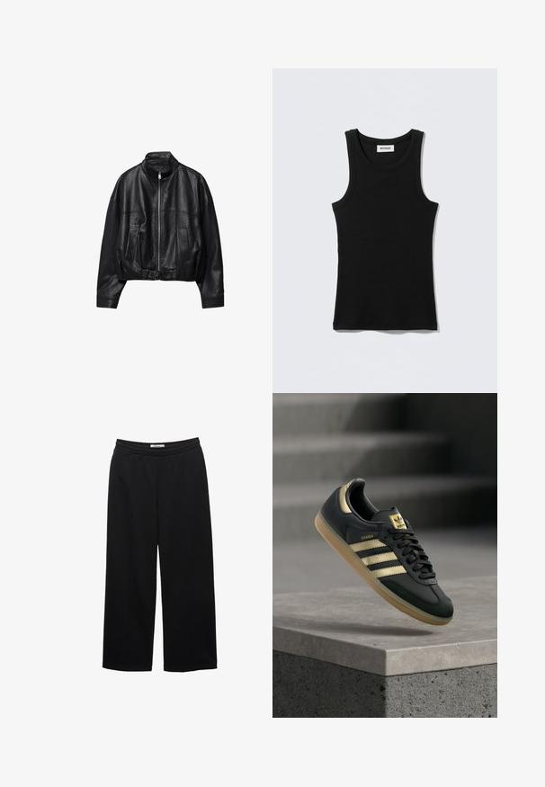 Veste en cuir noire avec fermeture éclair à l'avant, col montant, deux poches latérales, manches longues et sangle à boucle réglable à l'ourlet.; Débardeur noir en coton, avec un col rond et des bretelles étroites. Design simple, sans motifs ni accents visibles.; Pantalons noirs à jambes larges avec une taille élastique, présentant une texture lisse et deux plis avant pour un détail supplémentaire.; Baskets Adidas Samba noires avec des bandes dorées et une semelle en gomme, flottant au-dessus d'une surface en béton avec des escaliers flous en arrière-plan.