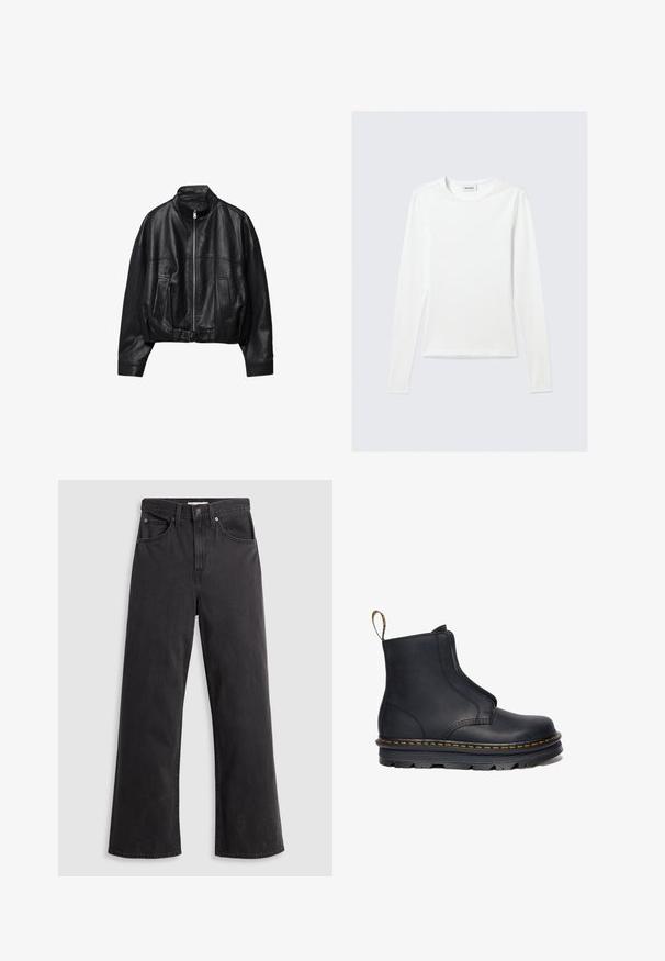 Veste en cuir noire avec fermeture éclair à l'avant, col montant, deux poches latérales, manches longues et sangle à boucle réglable à l'ourlet.; T-shirt blanc uni à manches longues avec col rond et coupe slim, présenté sur un fond gris clair.; Jeans larges en denim noir à taille haute, avec cinq poches et une fermeture à bouton en métal. Le tissu a une texture lisse et légèrement décolorée.; Bottine noire en cuir avec des panneaux latéraux élastiques, bout arrondi, couture jaune contrastante et semelle en caoutchouc épaisse.