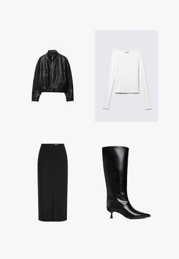 Schwarze Lederjacke mit Frontreißverschluss, Stehkragen, zwei Seitentaschen, langen Ärmeln und verstellbarem Schnallenriemen am Saum.; Weißes Langarmoberteil mit einem Überlappungsdesign und einer Tasche. Hergestellt aus einem glatten, elastischen Material. In einem lässigen, entspannten Schnitt.; Schwarzer Midirock mit hoher Taille, Bleistiftschnitt, vorderem Schlitz und verdecktem Reißverschluss vor weißem Hintergrund.; Schwarze Lederstiefel bis zum Knie mit spitzem Zehenbereich, schlanker Silhouette und niedrigem Blockabsatz mit glänzender Oberfläche.