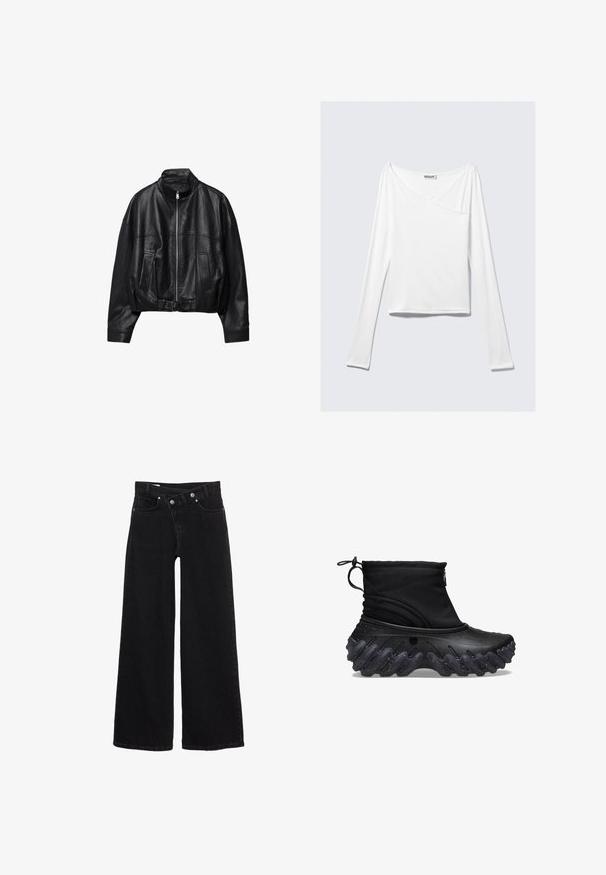 Schwarze Lederjacke mit Frontreißverschluss, Stehkragen, zwei Seitentaschen, langen Ärmeln und verstellbarem Schnallenriemen am Saum.; Weißes Langarmoberteil mit einem Überlappungsdesign und einer Tasche. Hergestellt aus einem glatten, elastischen Material. In einem lässigen, entspannten Schnitt.; Schwarze hochtaillierte weit geschnittene Jeans mit Fronttaschen, Gürtelschlaufen und doppelt geknöpftem Verschluss.; Schwarze Knöchelboots mit einem weichen Textiloberteil und einer strukturierten, welligen Gummisohle. Mit einem Reißverschluss und einem verstellbaren Kordelzug für einen sicheren Sitz.