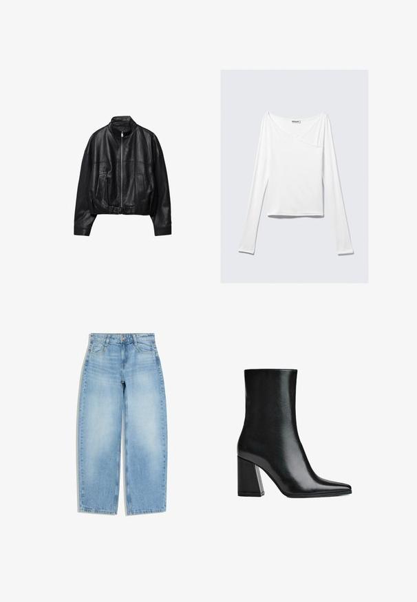 Veste en cuir noire avec fermeture éclair à l'avant, col montant, deux poches latérales, manches longues et sangle à boucle réglable à l'ourlet.; Haut blanc à manches longues avec un design croisé et une poche. Fabriqué dans un tissu lisse et extensible. Coupé dans une coupe décontractée et ample.; Jean large bleu clair avec poches avant, passants pour ceinture et fermeture par bouton sur fond blanc.; Bottine en cuir noir avec un bout pointu et un talon bloc haut. Texture lisse avec une silhouette élégante et un design de base solide.