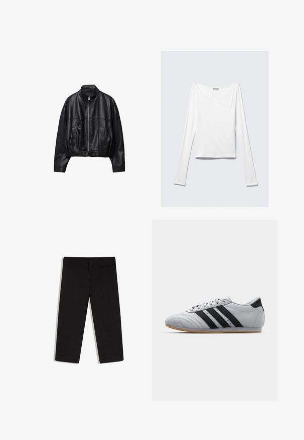 Veste en cuir noire avec fermeture éclair à l'avant, col montant, deux poches latérales, manches longues et sangle à boucle réglable à l'ourlet.; Haut blanc à manches longues avec un design croisé et une poche. Fabriqué dans un tissu lisse et extensible. Coupé dans une coupe décontractée et ample.; Pantalon noir court à jambes droites, taille plate avec ceinture, sans poches visibles, présenté sur fond blanc.; Baskets de sport grises avec une finition en cuir lisse, arborant trois rayures noires, un bout rond et une semelle en caoutchouc couleur gomme.
