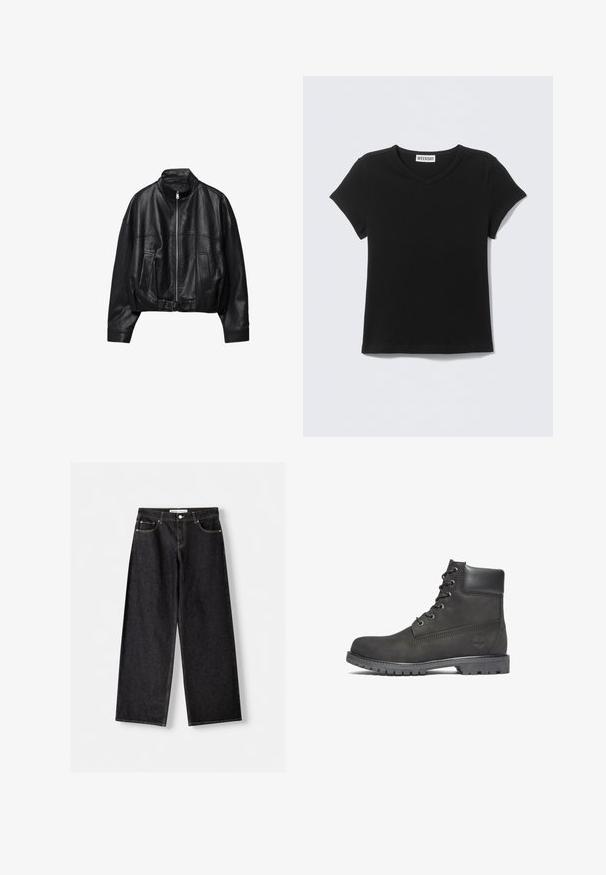 Schwarze Lederjacke mit Frontreißverschluss, Stehkragen, zwei Seitentaschen, langen Ärmeln und verstellbarem Schnallenriemen am Saum.; Schwarzes kurzärmeliges V-Neck-T-Shirt mit "WEEKDAY"-Etikett am Kragen, flach auf einem hellgrauen Hintergrund ausgelegt.; Schwarze Jeans mit weitem Bein, Vordertaschen und silbernem Knopfverschluss, flach auf einem hellgrauen Hintergrund ausgelegt.; Schwarze Leder-Ankle-Boots mit runder Spitze, Schnürung auf der Vorderseite, gepolstertem Schaft und strukturiertem Gummisohle. Mit einem eingeprägten Logo an der Seite.