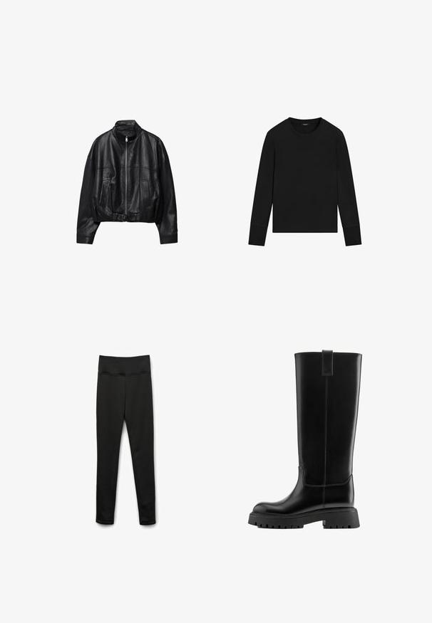 Veste en cuir noire avec fermeture éclair à l'avant, col montant, deux poches latérales, manches longues et sangle à boucle réglable à l'ourlet.; T-shirt noir à manches longues, col rond, avec des poignets ajustés et un design simple, sans ornement, sur fond blanc.; Leggings noirs en tissu extensible avec une large taille. Présentent une texture lisse et sans motifs ni éléments visibles.; Botte noire en cuir montante jusqu'au genou avec une semelle épaisse à crampons et une languette en haut, présentant des détails cousus le long de la tige et du coup de pied.