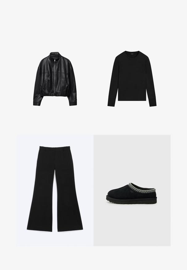 Veste en cuir noire avec fermeture éclair à l'avant, col montant, deux poches latérales, manches longues et sangle à boucle réglable à l'ourlet.; T-shirt noir à manches longues, col rond, avec des poignets ajustés et un design simple, sans ornement, sur fond blanc.; Pantalon noir à larges jambes avec passants pour ceinture et poches latérales, présenté à plat sur un fond blanc.; Des sabots noirs en suede à enfiler présentent un accent tissé texturé le long du col et une semelle en caoutchouc noire avec un profil anti-dérapant.