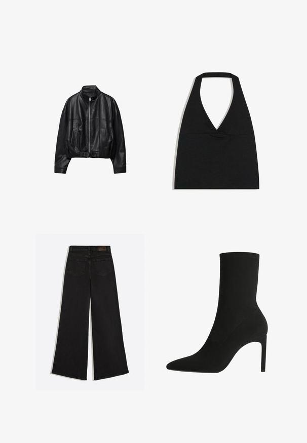 Sort læderjakke med frontlynlås, stående krave, to sidelommer, lange ærmer og justerbar spænde strop ved kanten.; Sort halterneck crop top med dyb V-udskæring og bred nakkestrop mod en hvid baggrund.; Sort vidde jeans med baglommer og bæltestropper på linningen, set bagfra.; Sort ankelstøvle fremstillet af blødt suede, med spids tå og høj stilettohæl. Minimalistisk design uden synligt hardware eller mønstre.