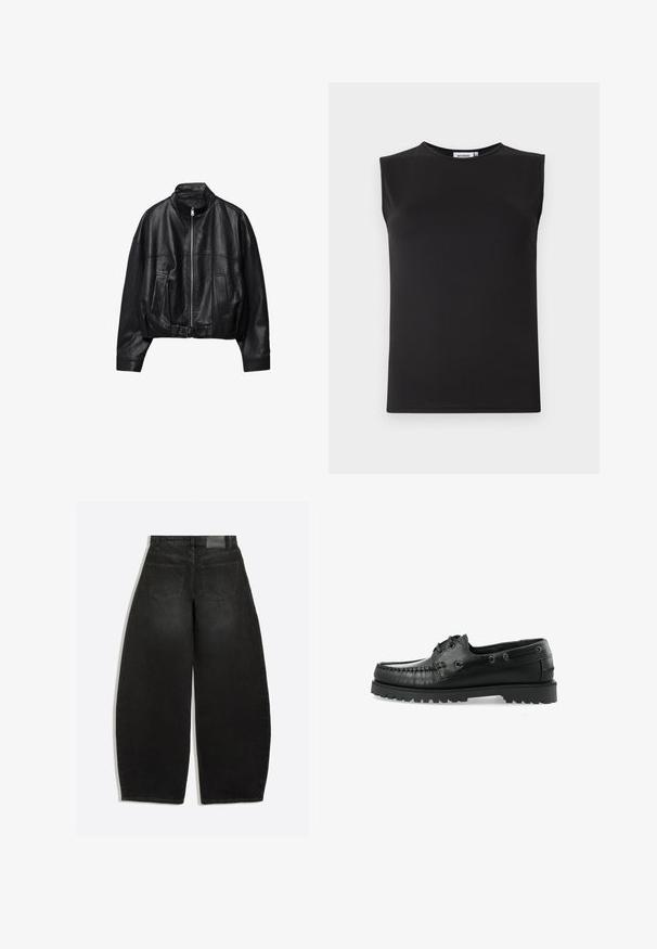 Veste en cuir noire avec fermeture éclair à l'avant, col montant, deux poches latérales, manches longues et sangle à boucle réglable à l'ourlet.; Haut sans manches noir en tissu lisse et extensible. Présente un col rond et une silhouette ajustée. Pas de motifs ni d'accents visibles.; Jean en denim noir à jambes larges, vu de dos avec deux poches arrière et passants de ceinture à la taille.; Bateau en cuir noir présentant un design mocassin, un bout arrondi, des coutures décoratives et une semelle en caoutchouc texturé avec des crampons.