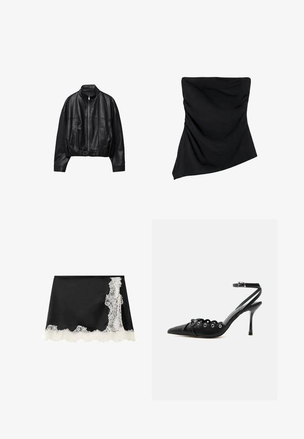Veste en cuir noire avec fermeture éclair à l'avant, col montant, deux poches latérales, manches longues et sangle à boucle réglable à l'ourlet.; Haut bustier noir avec ourlet asymétrique et détails subtils froncés sur les côtés, conçu pour une silhouette ajustée.; Mini-jupe noire avec bordure en dentelle florale blanche le long du bord inférieur et un panneau en dentelle sur le côté droit.; Chaussure à talon haut noire à bout pointu, bords festonnés, œillets métalliques, lacets à l'avant et bride de cheville avec fermeture à boucle.
