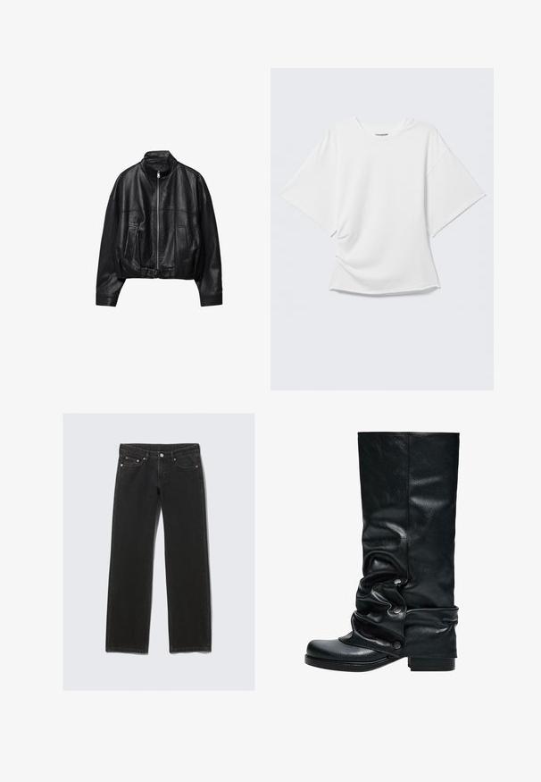 Veste en cuir noire avec fermeture éclair à l'avant, col montant, deux poches latérales, manches longues et sangle à boucle réglable à l'ourlet.; T-shirt blanc oversize à manches courtes avec col rond présenté sur un fond gris clair.; Jean en denim noir à coupe droite avec cinq poches, fermeture à boutons et passants pour ceinture, présenté à plat sur un fond clair.; Botte noire en cuir montante jusqu'au genou avec un design décontracté, bout arrondi et boutons décoratifs sur le côté. Talon carré pour plus de stabilité.