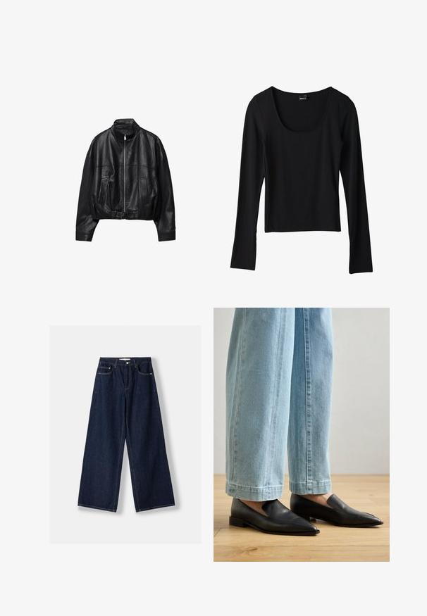 Veste en cuir noire avec fermeture éclair à l'avant, col montant, deux poches latérales, manches longues et sangle à boucle réglable à l'ourlet.; Haut noir à manches longues avec un décolleté en forme de scoop, en tissu léger, coupe ajustée et ourlet droit, présentant une texture lisse.; Jean en denim bleu foncé à jambes larges avec fermeture avant par bouton et zip, poches avant et passants pour ceinture, posé à plat sur un fond blanc.; Chaussures en cuir noir à bout pointu et à enfilage, associées à un jean large bleu clair, sur un sol en bois.