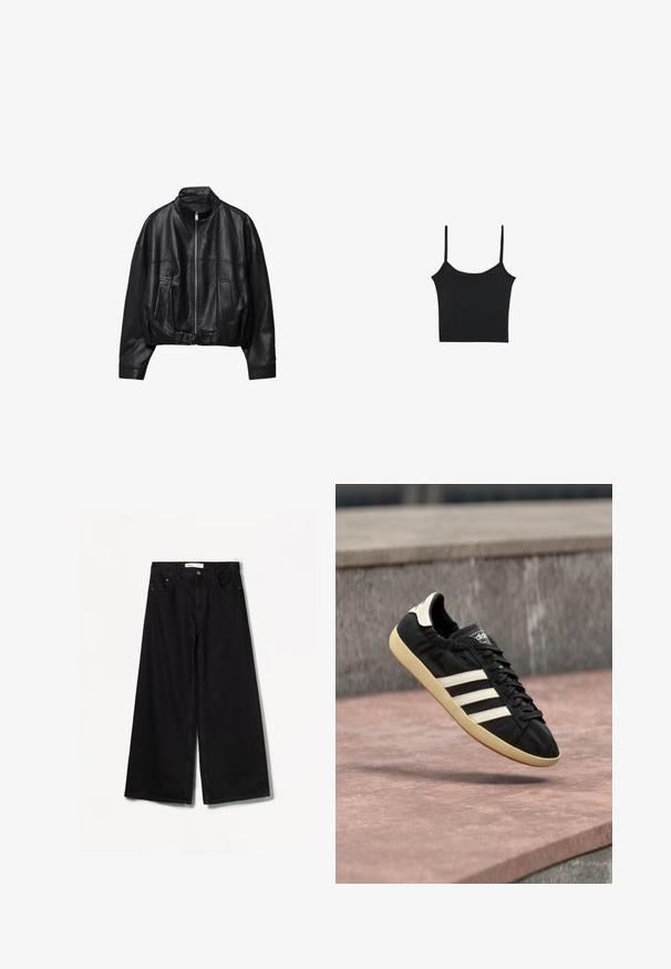 Čierna kožená bunda so zipsom vpredu, stojačikom, dvoma bočnými vreckami, dlhými rukávmi a nastaviteľným remienkom s prackou na leme.; Stradivarius Top - black; Čierne široké džínsy vyrobené z denimu. Majú vysoký pás, predné a zadné vrecká a strieborné kovanie na zapínaní na gombík a zips.; Čierna teniska Adidas s bielymi pruhmi a béžovou podrážkou, zachytená vo vzduchu nad kamenným povrchom a kamennou stenou v pozadí.