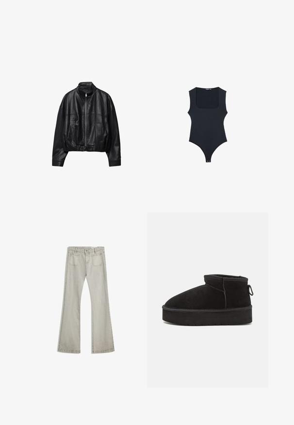 Sort læderjakke med frontlynlås, stående krave, to sidelommer, lange ærmer og justerbar spænde strop ved kanten.; Sort bodysuit med firkantet udskæring, ærmeløs design og thong bag. Fremstillet af glat, strækbart stof. Har knaplukning i bunden.; Udvidede jeans i lys grå denim, med knaplukning, fem lommer og subtile stikninger langs sømmene.; Sorte ruskinds ankelstøvler med en rund tå, der har en forhøjet sål og en sidesløjfe for nem påtagning. Designet er enkelt med minimale detaljer.