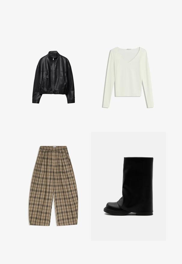 Veste en cuir noire avec fermeture éclair à l'avant, col montant, deux poches latérales, manches longues et sangle à boucle réglable à l'ourlet.; Haut en tricot côtelé blanc à manches longues, avec un décolleté en V et une coupe courte, présenté à plat sur un fond blanc.; Pantalon beige à coupe ample avec motif à carreaux noirs, taille élastique et poches latérales, présenté à plat sur un fond blanc.; Botte haute en cuir noir avec une tige supérieure large et ample et une semelle épaisse et arrondie sur fond blanc.